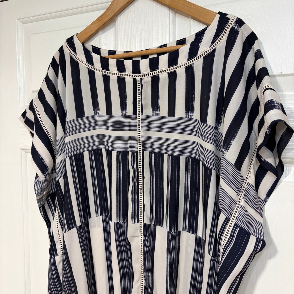 Lysse‎ NY Flowy Gauzy Striped Kimono Kaftan Top L/XL Navy White Summer Vacation